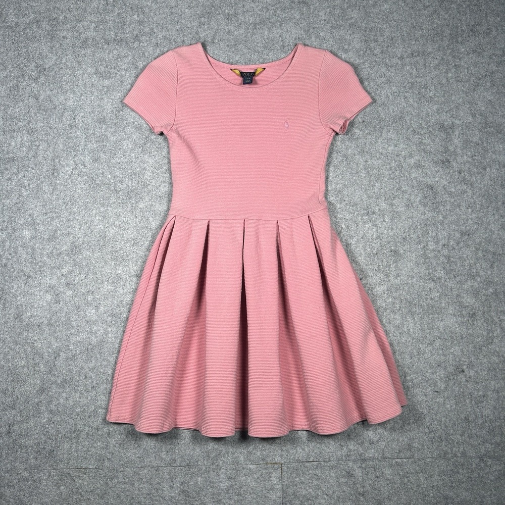 Polo Ralph Lauren Dress Girls Size 8-10 Medium Pink Pleated Round Neck